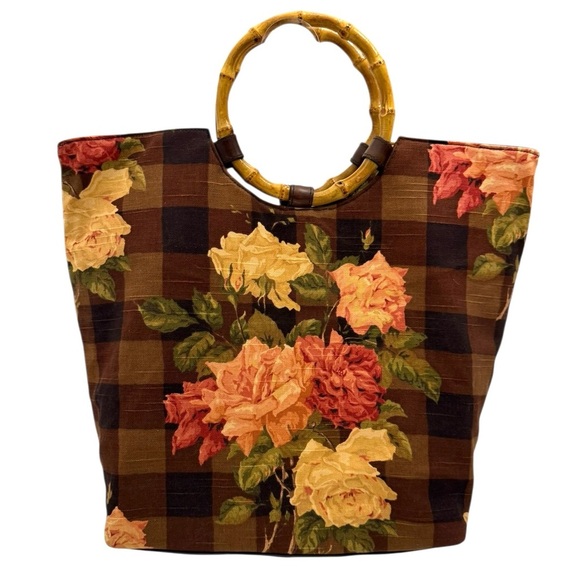 Cynthia Hart Los Angeles Floral Plaid Tote Bag Purse Bamboo Handles Gold Brown - Picture 3 of 14